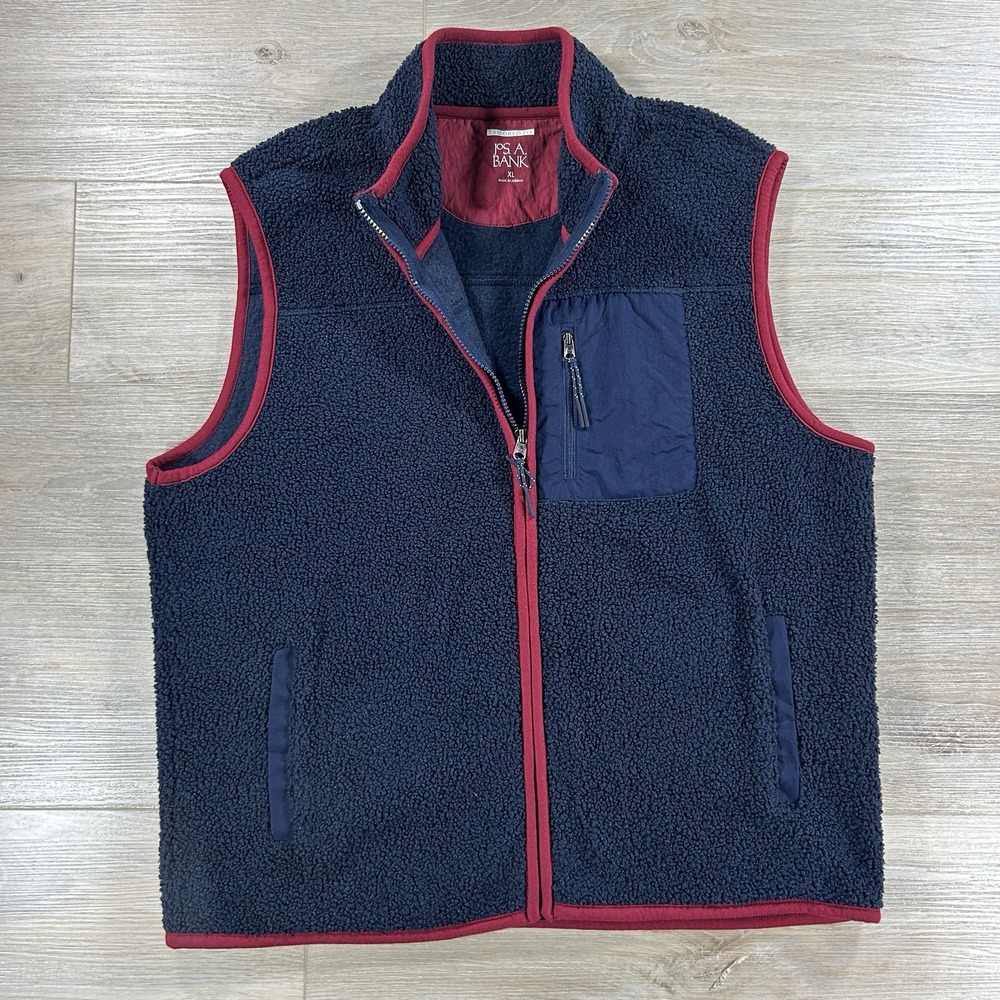 JOS A BANK Vest Men's XL Full Zip Tailored Fit‎ Navy Blue/Burgandy